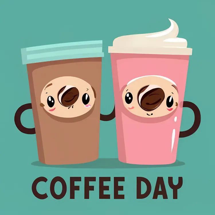Cute Coffee Cups with Coffee Day Text