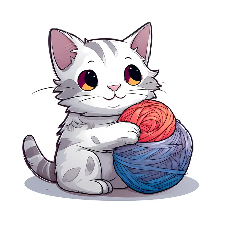 Cute White Cat with Colorful Yarn Ball