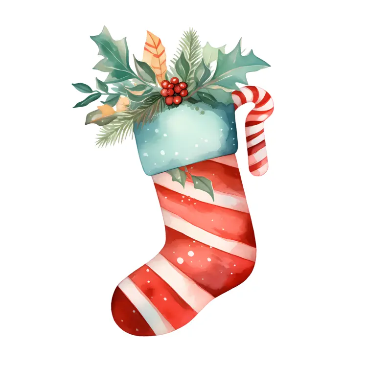 Striped Christmas Stocking with Holly and Candy Cane