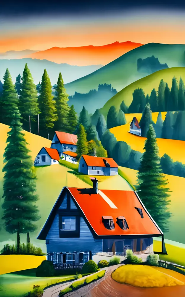 Picturesque Village with Hills and Trees