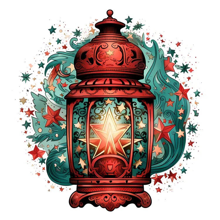 Red Lantern with Star and Christmas Decorations