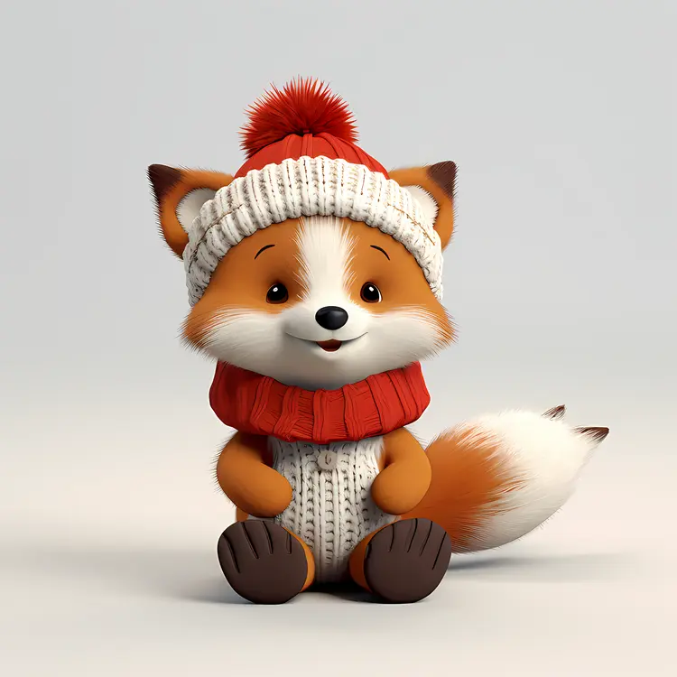 Cute Fox in Knitted Hat and Scarf