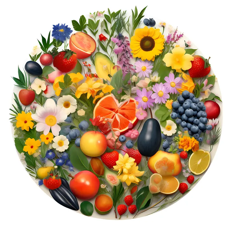 Colorful Circle of Fruits and Flowers