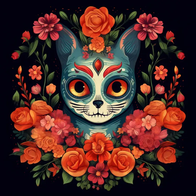 Colorful Cat Skull with Flowers for Day of the Dead