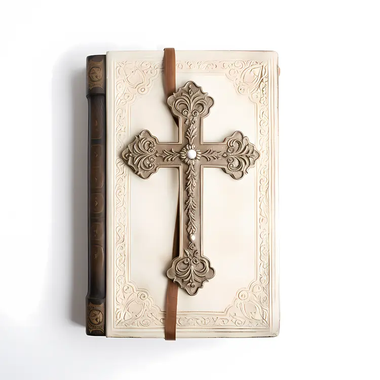Ornate Bible with White Cover and Cross