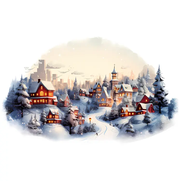 Snowy Village at Night with Lights
