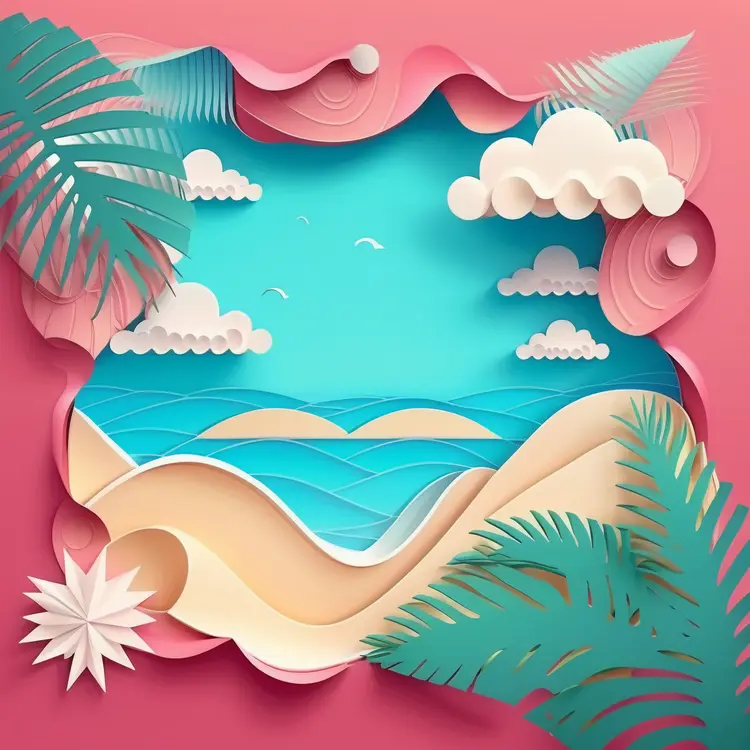 Paper Art Beach Scene with Palm Trees and Clouds