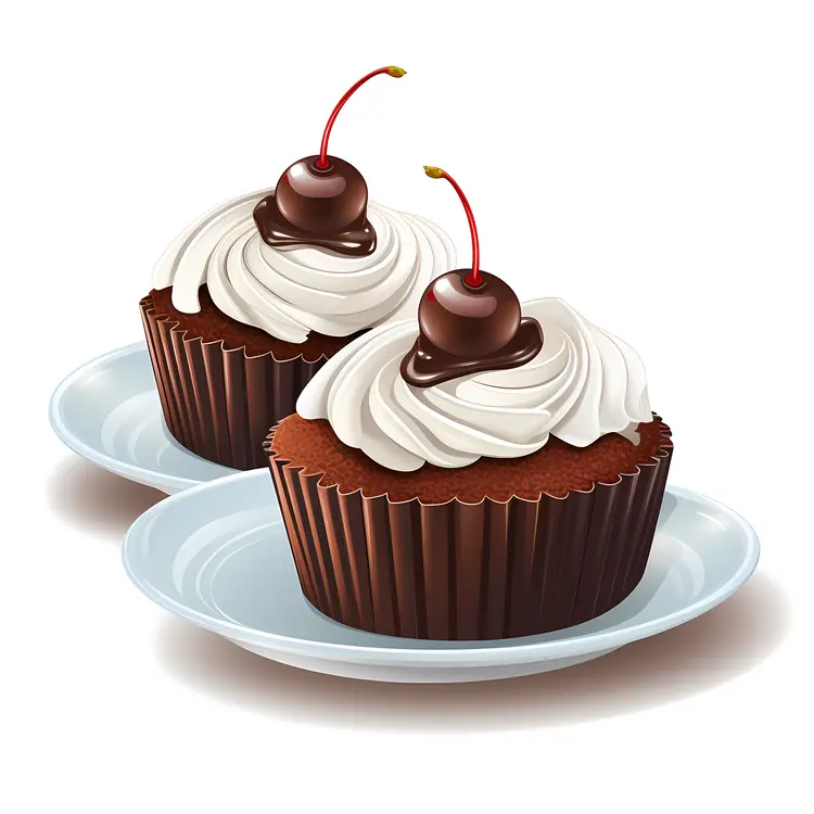 Chocolate Cupcakes with White Frosting and Cherries on Plates
