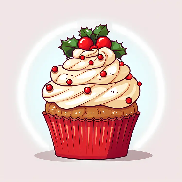 Illustrated Christmas Cupcake with Holly and Berries