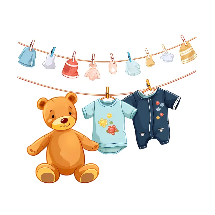 Cute Teddy Bear with Baby Clothes on Clothesline