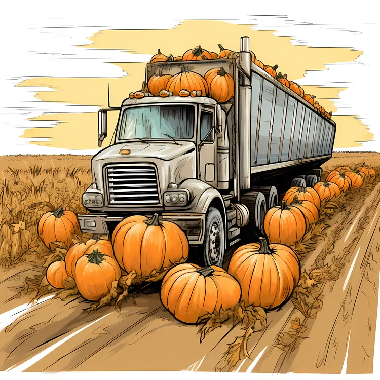 Truck Transporting Pumpkins in Autumn Field
