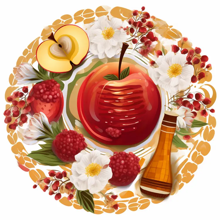 Beautiful Apple with Flowers and Honey for Rosh Hashanah Celebration