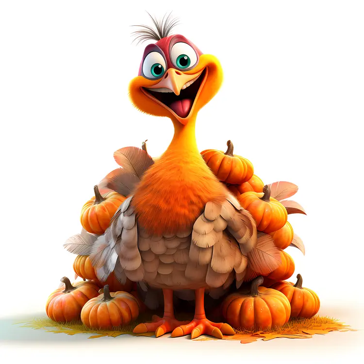Happy Bird with Pumpkins in Autumn