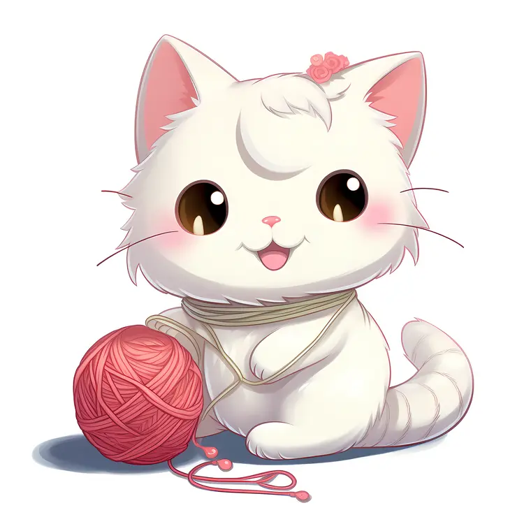 Cute White Cat with Yarn Ball