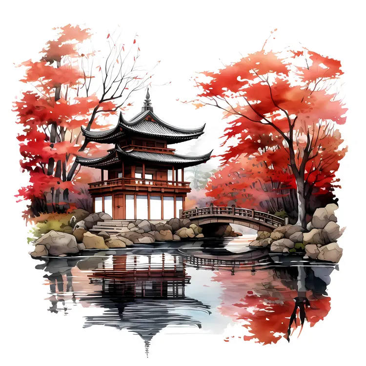 Red Pagoda with Bridge and Water Reflection