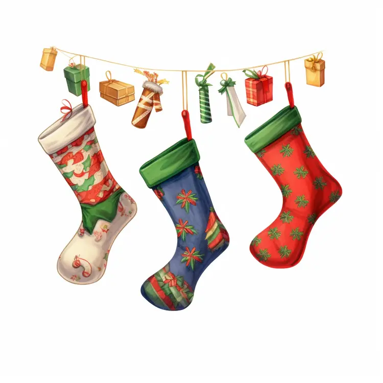 Festive Christmas Stockings with Gifts and Decorations