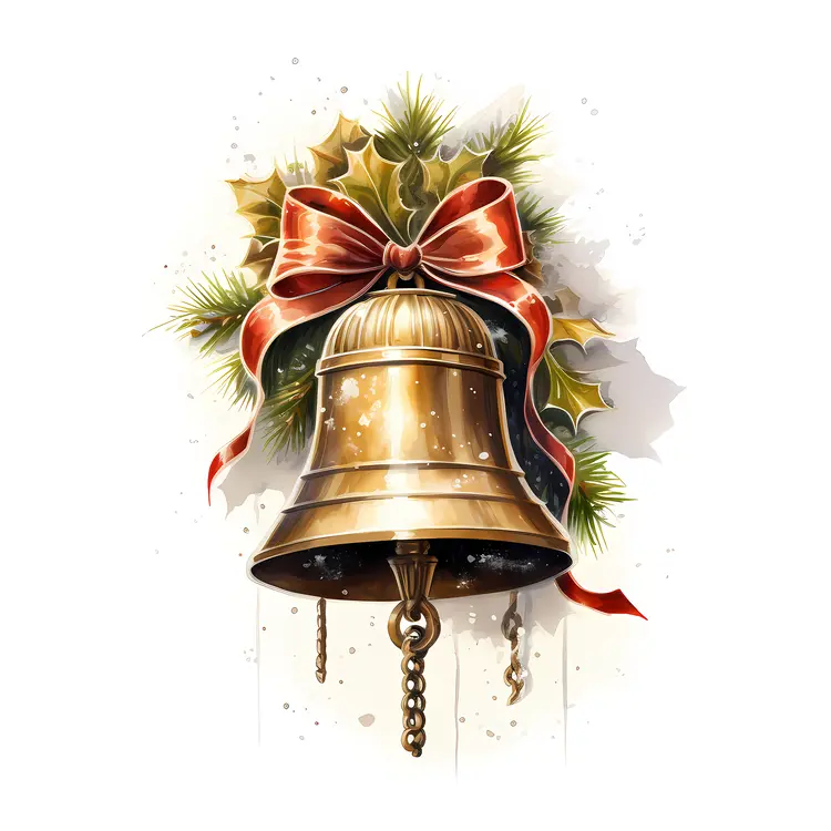 Golden Bell with Red Bow and Holly for Christmas