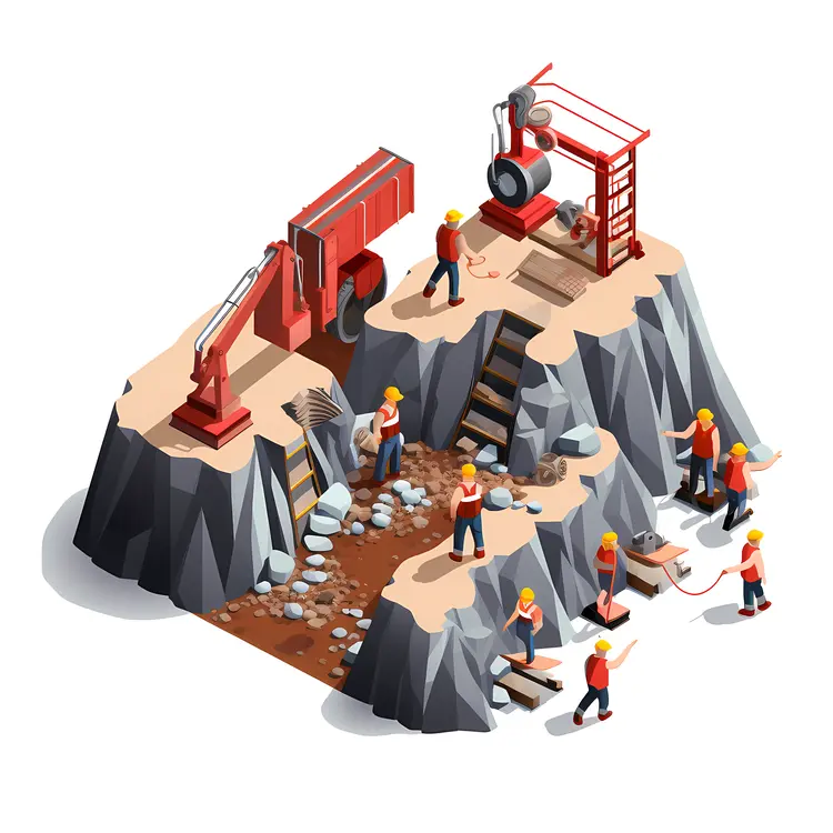 Mining Operation with Workers and Machinery