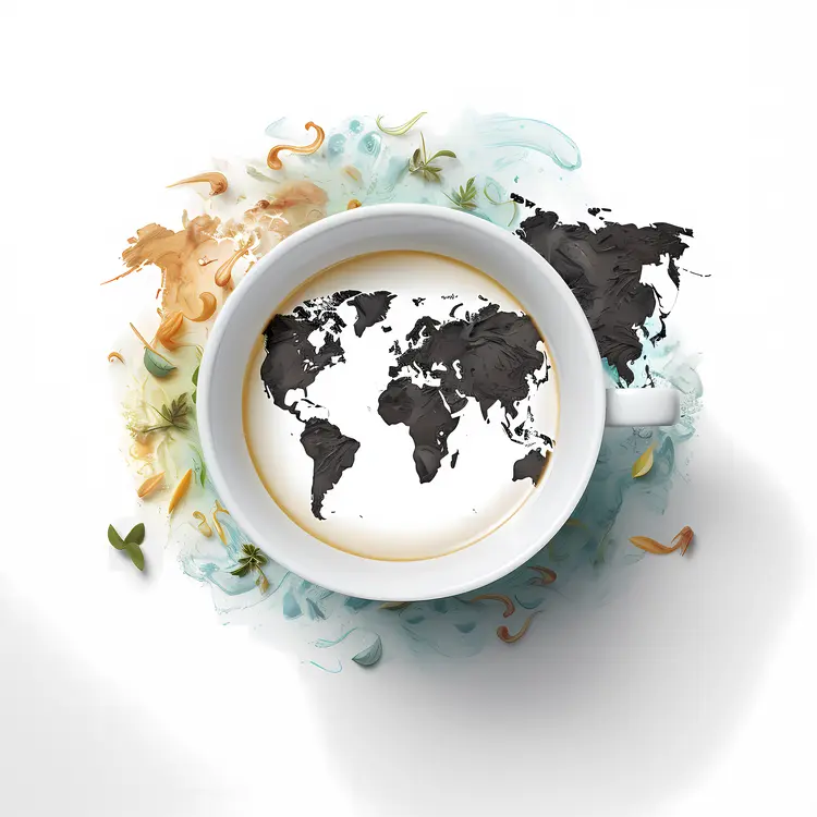 White Teacup with World Map and Coffee