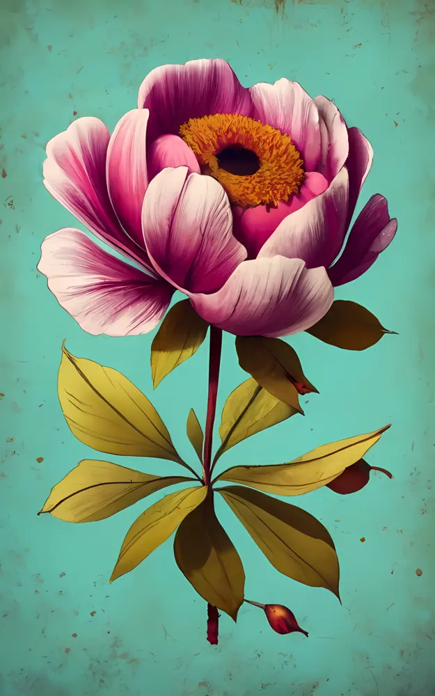 Pink Flower with Leaves and Stem