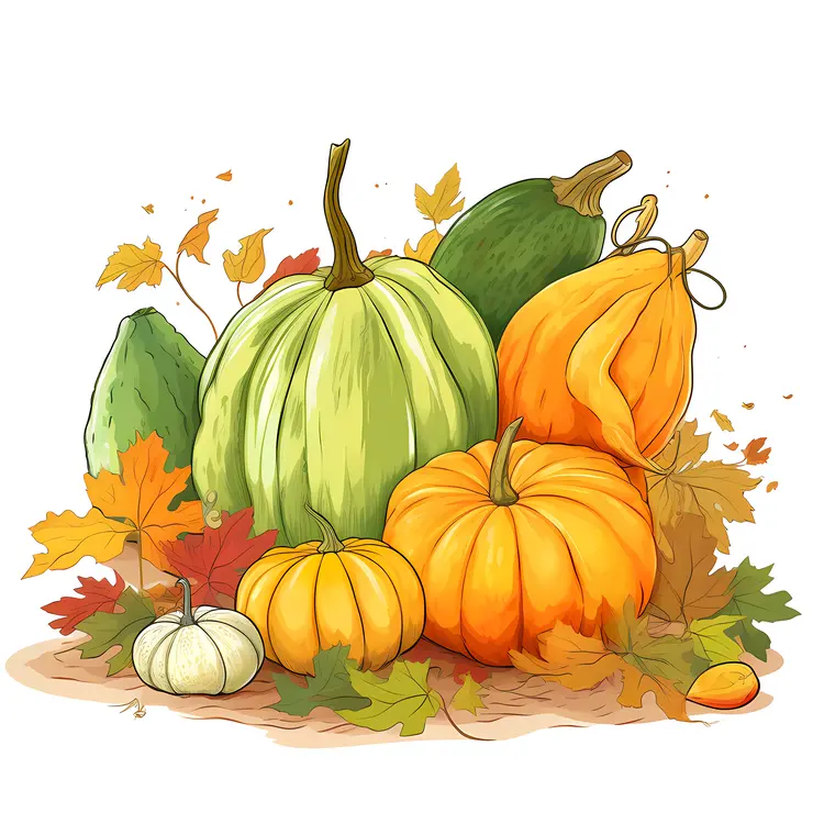 Colorful Pumpkins and Autumn Leaves Illustration
