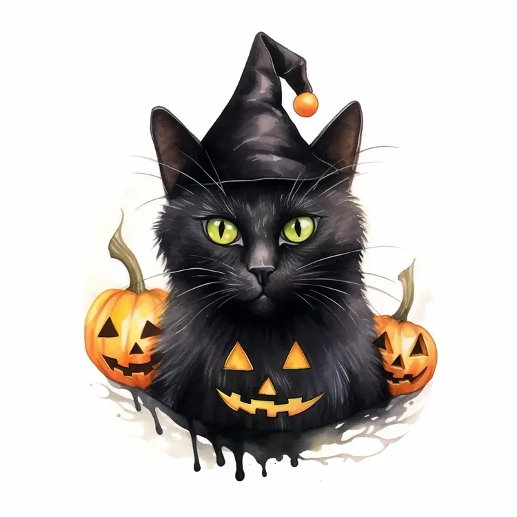 Black Cat with Witch Hat and Pumpkins for Halloween