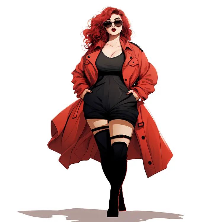 Stylish Woman in Red Coat and Sunglasses
