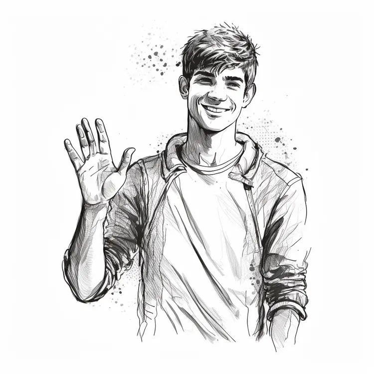 Smiling Boy Waving in Sketch Style