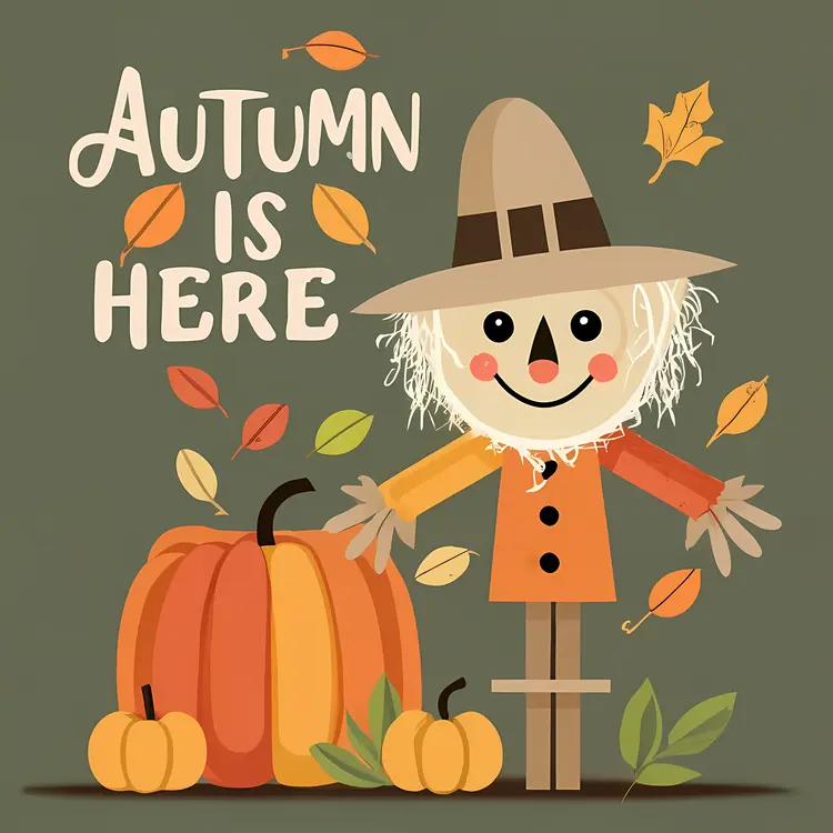 Scarecrow and Pumpkins with 'Autumn is Here' Text