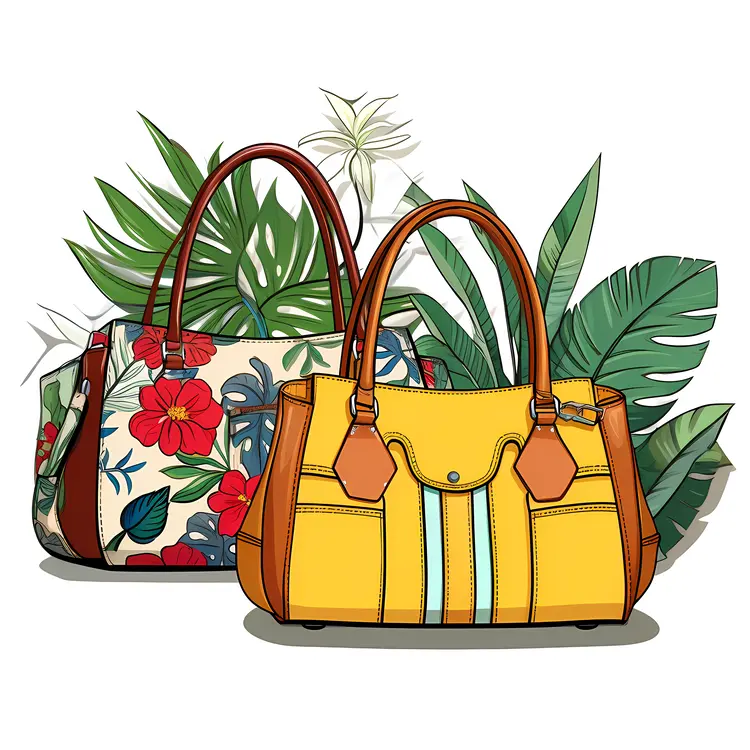 Stylish Floral and Yellow Handbags with Tropical Leaves