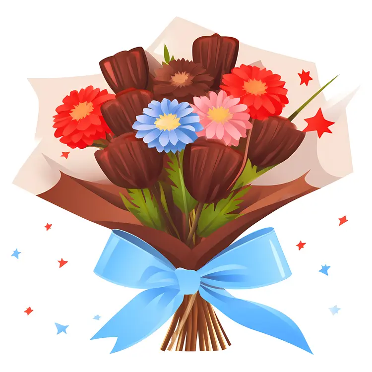 Beautiful Chocolate Bouquet with Colorful Flowers and Blue Ribbon