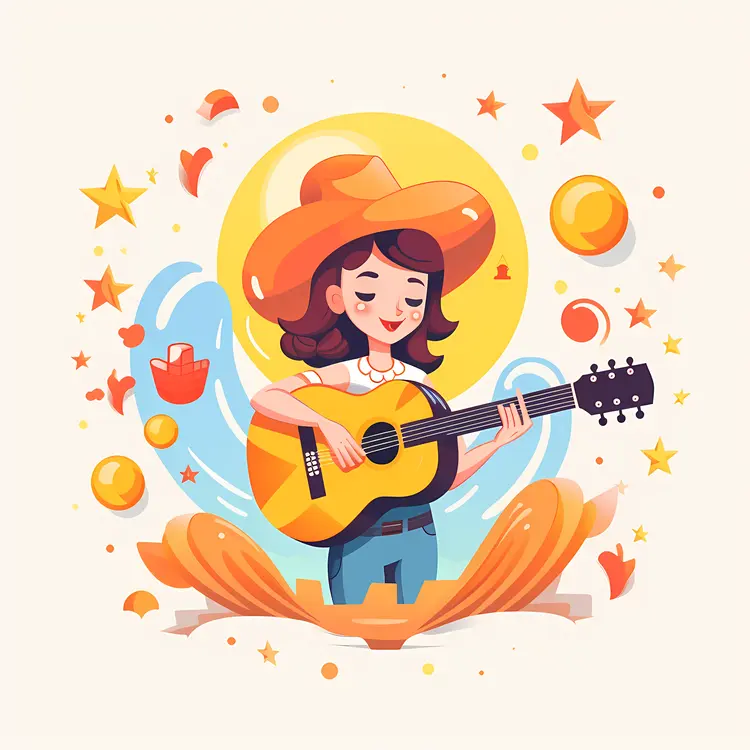 Girl Playing Guitar with Hat and Stars