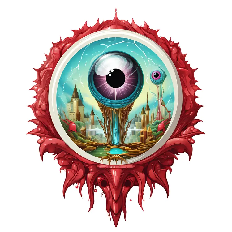 Surreal Fantasy Eye with Cityscape and Red Frame