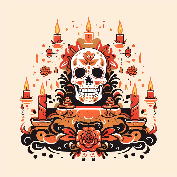 Skull with Candles and Floral Decorations for Day of the Dead
