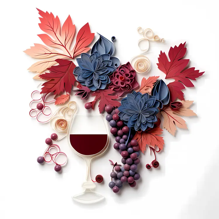 Autumn Wine and Grapes with Leaves and Flowers