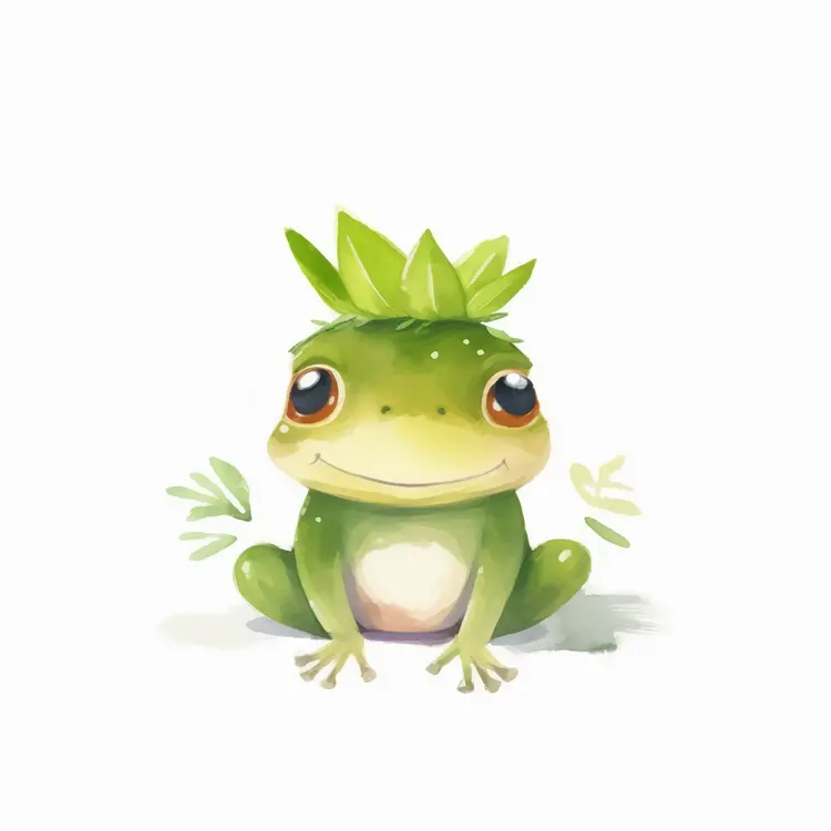 Cute Green Frog with Leaf Hat