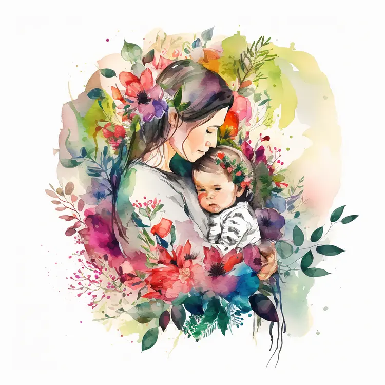 Watercolor Illustration of Mother and Child Surrounded by Flowers