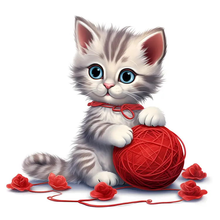 Cute Kitten Playing with Red Yarn Ball