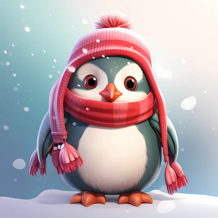 Cute Penguin with Pink Hat and Scarf in Snow