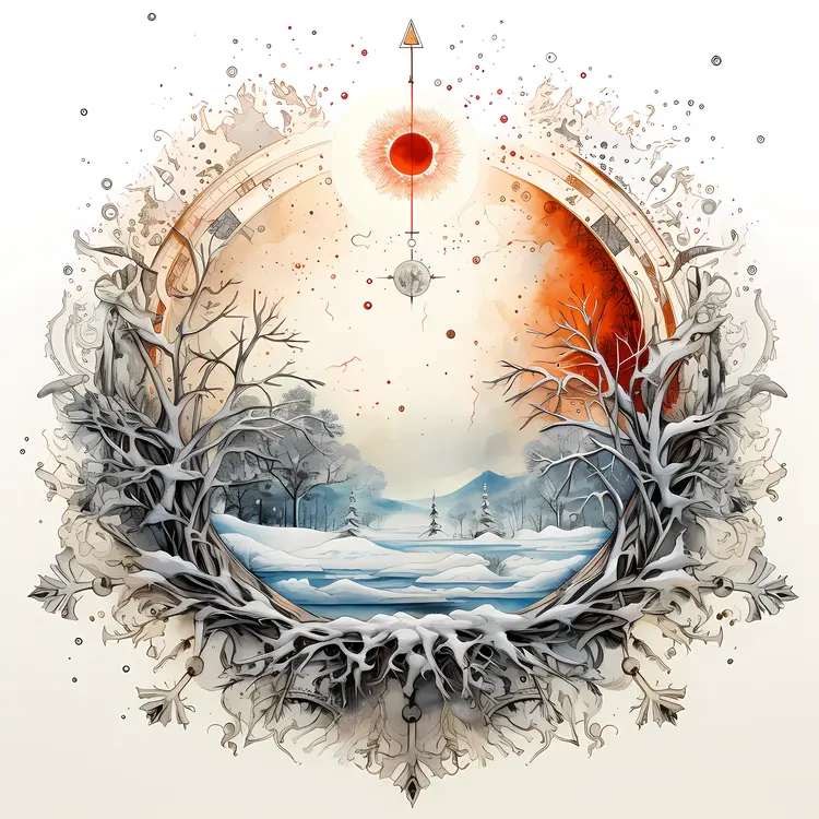 Winter Landscape with Abstract Sun