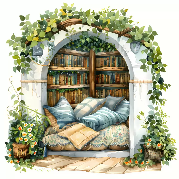 Bookshelves Greenery Comfortable seating area Reading Nook summer