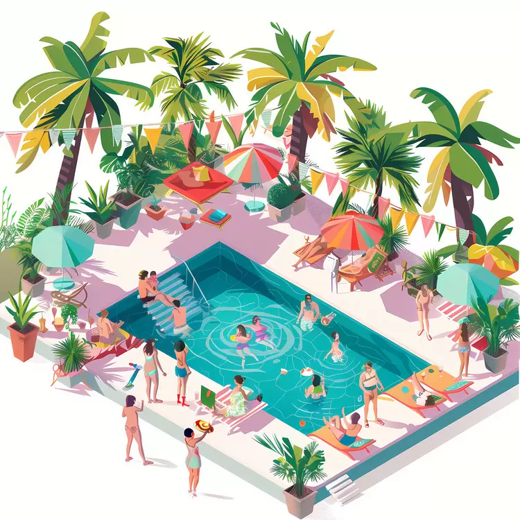 Palm tree Hibiscus flower Pool party Cocktail glass Beach towel