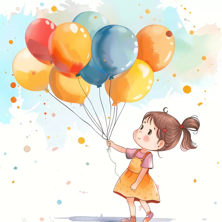 colorful balloons child's play watercolor painting whimsical illustration happy girl