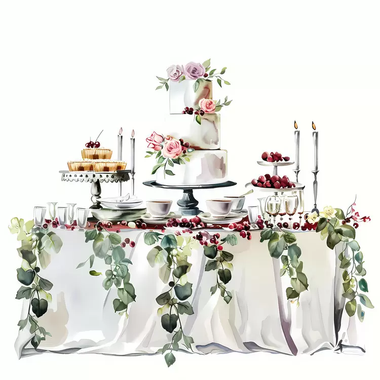 Candles Centerpiece of red roses and greenery Wedding table Gold chargers Cakes decorated with fresh flowers