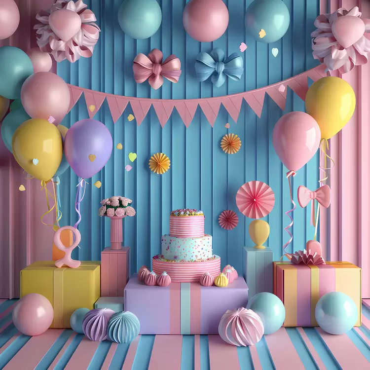 Party decorations Colorful party scene Happy birthday message Birthday decorations Cake