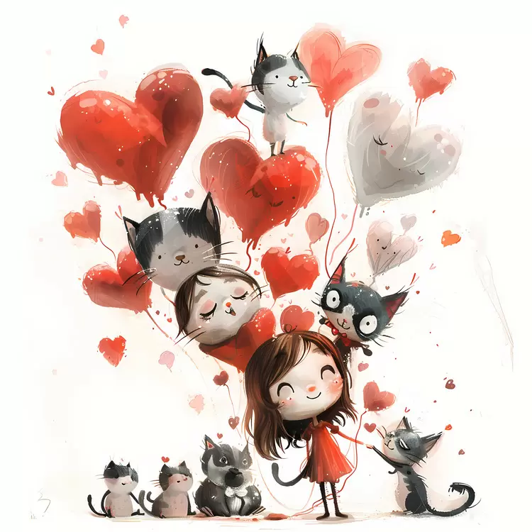 Girl with cats and heart balloons