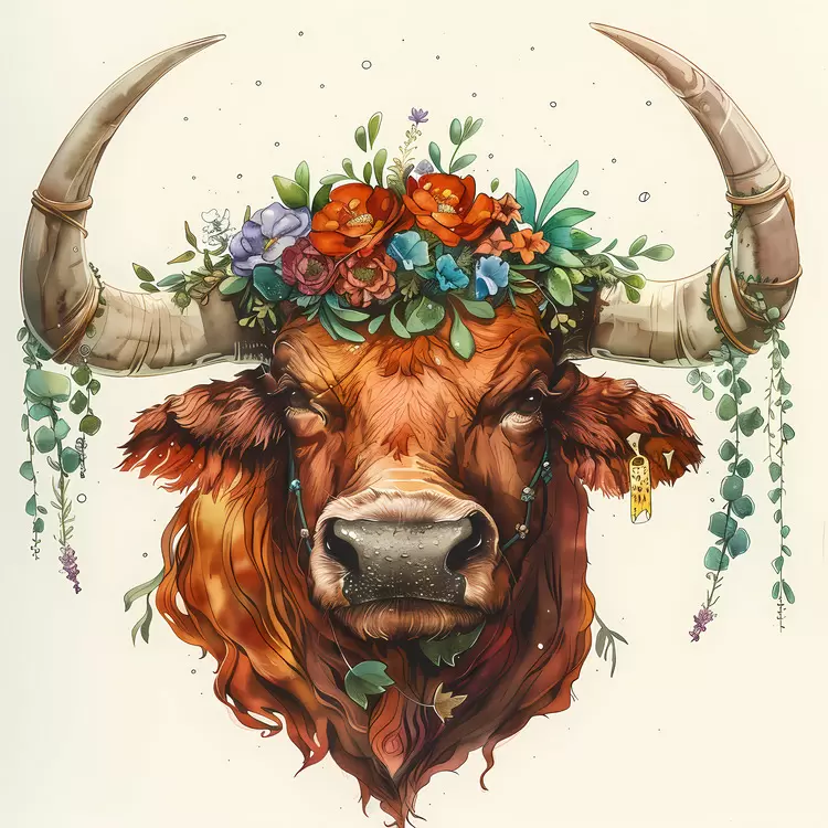 horns flowers bull naturalistic drawing watercolor