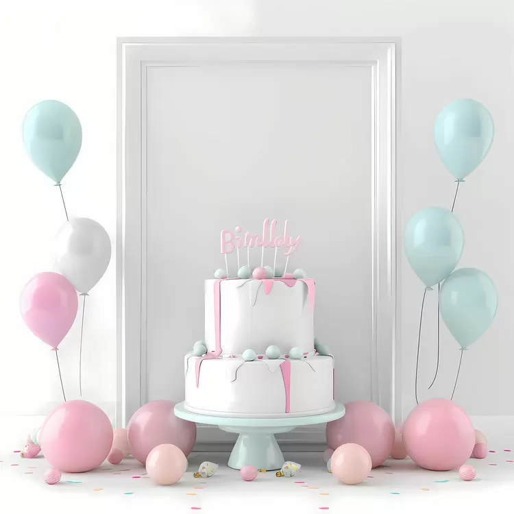 Gift wrapping Pink and blue balloons Party table Bright lighting Party decorations