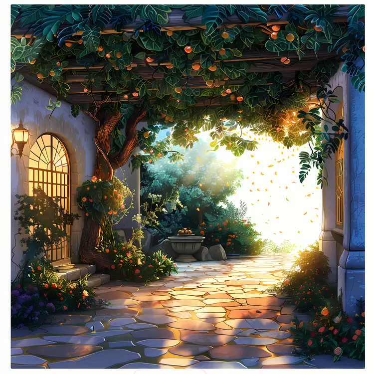 arched doorway vineyard garden flowers orange trees