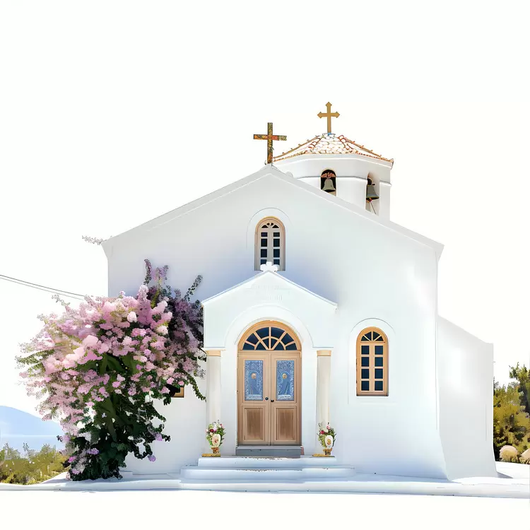 white church Greek orthodox chapel lush greenery flower tree wooden doors